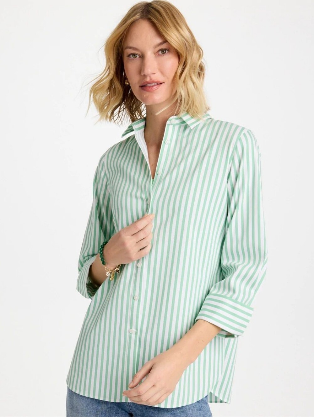 Chico’s No Iron Cotton Green White Striped Button Shirt Size 2 L Large